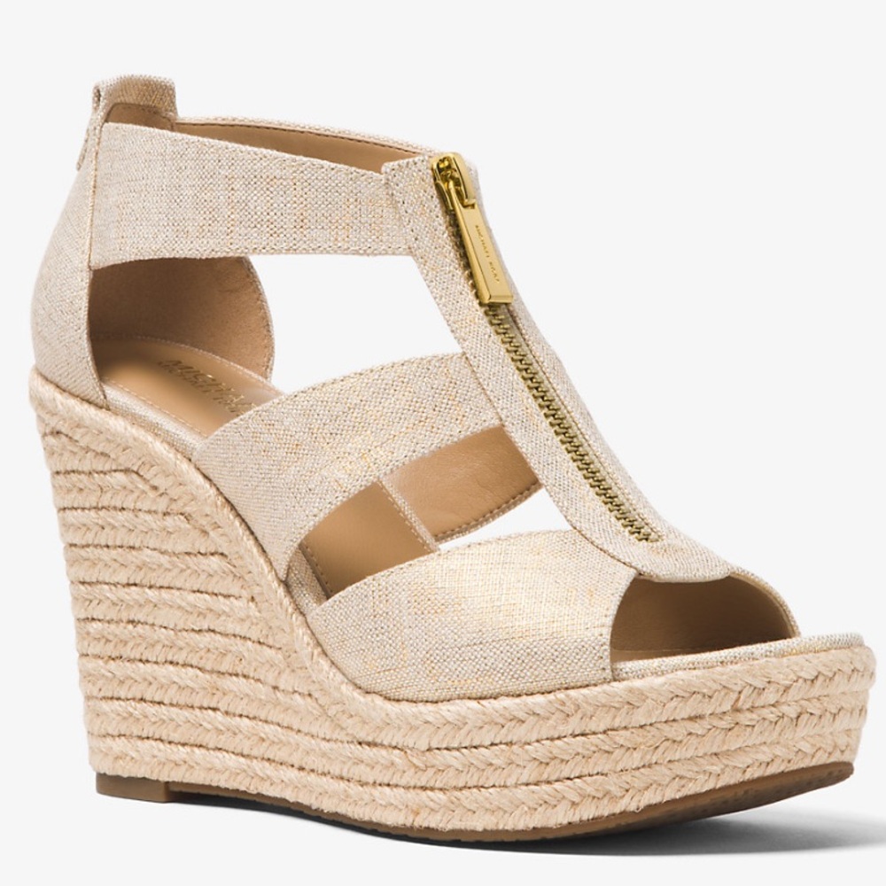 Michael Kors Damita Linen Beige Wedge Sandals - Picture 3 of 11